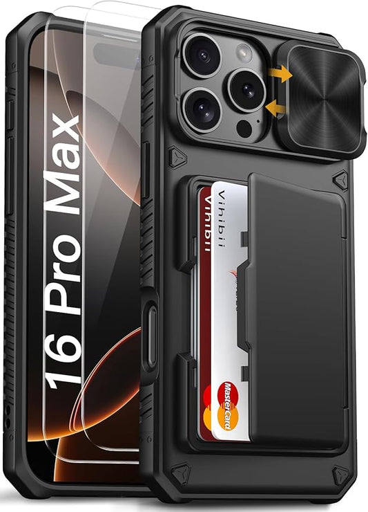 Vihibii for iPhone 16 Pro Max Case with [2X Screen Protector], Built-in Card Holder (4 Cards), [RFID Blocking] & Slide Camera Cover & Tempered Glass Films, Rugged Wallet Case for 16 Pro Max, Black