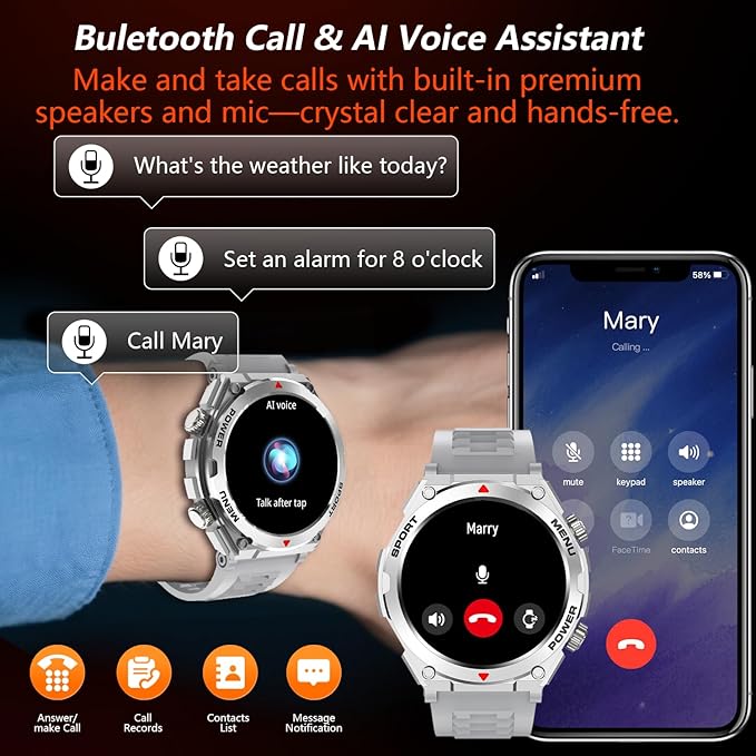 Military Smart Watch for Men With AI Q&A (Answer/Make Call/SMS Reply), 1.52" HD Smartwatch for Android Phones/iPhone, 100+ Sport Mode Fitness Tracker with HR, SpO2, Sleep Monitor, IP68 Waterproof