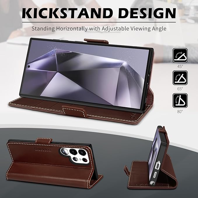 SHIELDON Case for Galaxy S25 Ultra 5G, Genuine Leather Folio Wallet Magnetic Kickstand RFID Blocking Card Slots Shockproof Protective Cover Compatible with Galaxy S25 Ultra 6.9" 2025 - Retro Coffee