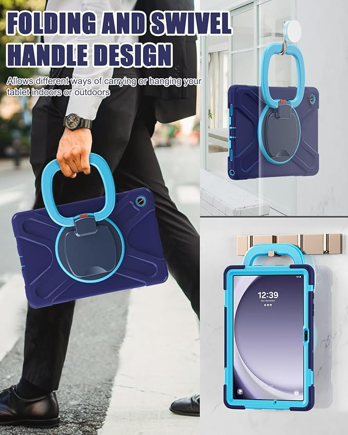 BRAECN Case for Samsung Galaxy Tab A9+ Plus Case 11 Inch 2023 SM-X210/X216/X218, Heavy Duty Silicone Cover with 360 Degree Rotating Stand, Screen Protector, Shoulder Strap, Stable Kickstand, Navy Blue