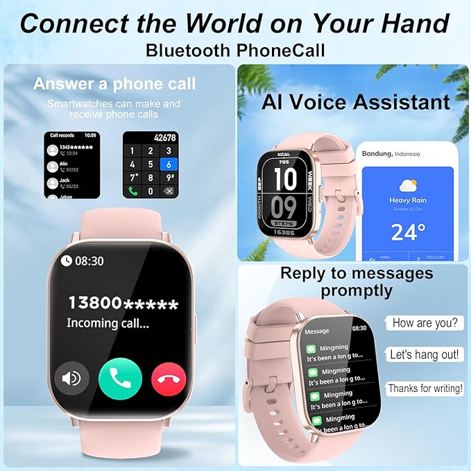 Smart Watch for Men and Women, 2.01-inch HD Touch Screen, 120+ Sports Modes/IP67 Waterproof/Heart Rate/Sleep Monitoring (Answer/Make Calls), for Android/iOS (Pink)