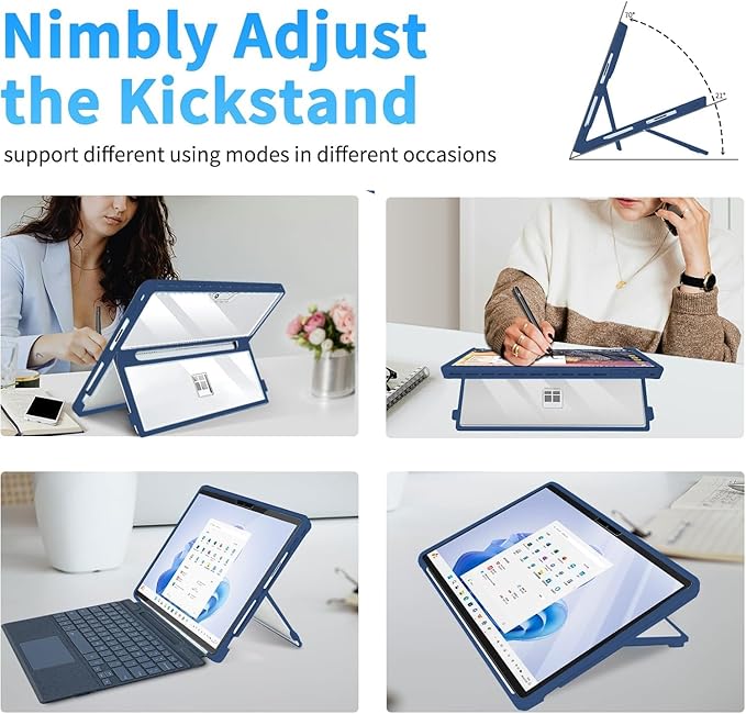 Case Updated Version fit Microsoft Surface Pro 11/10 /9/8 13-Inch, All-in-one Rugged Case Compatible with Type Cover Keyboards, Transparent&Navy Blue