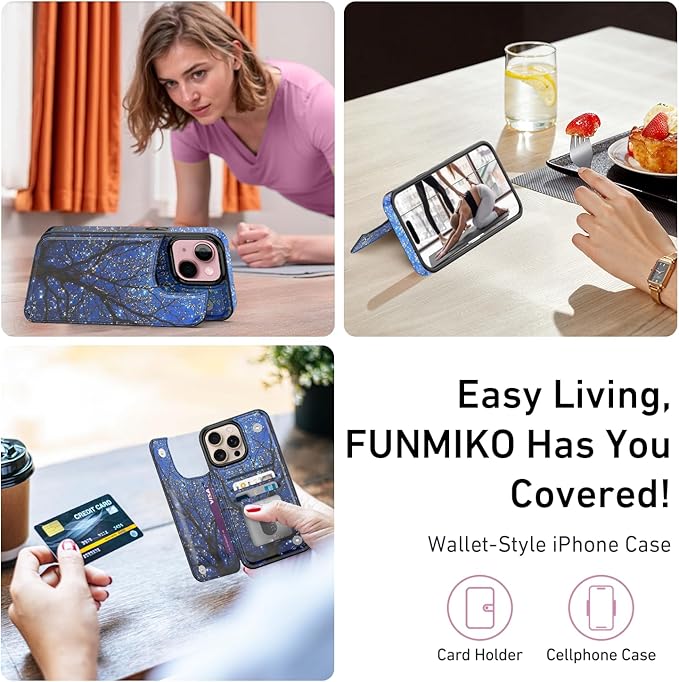 FUNMIKO for iPhone 14 Plus Wallet Case with Card Holder, RFID-Blocking, Military-Grade Protection & UV-Printed Artwork, Magnetic Closure with Leather Kickstand - Dreamy Wishing Tree