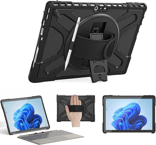 Junfire Protective Case for Microsoft Surface Pro 7 Plus, Surface Pro 7/6/5/4 Shockproof Rugged Case with 360°Rotating Kickstand/Hand Strap/Stylus Holder, Compatible with Type Cover Keyboard,Black