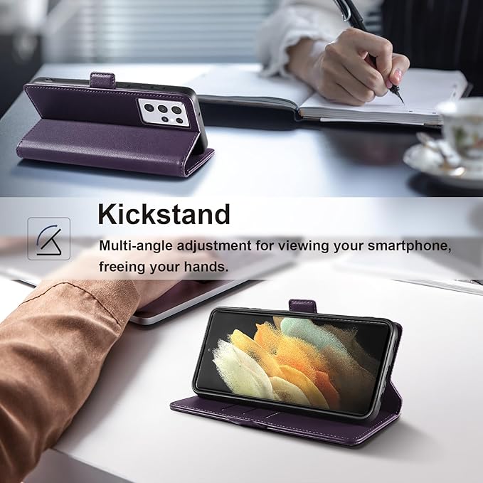 Wallet Flip Case for Samsung Galaxy S21 Ultra 5G - [RFID Blocking] Luxury PU Leather Card Holder Magnetic Phone Cover with Kickstand,Shockproof Protective Case,Purple