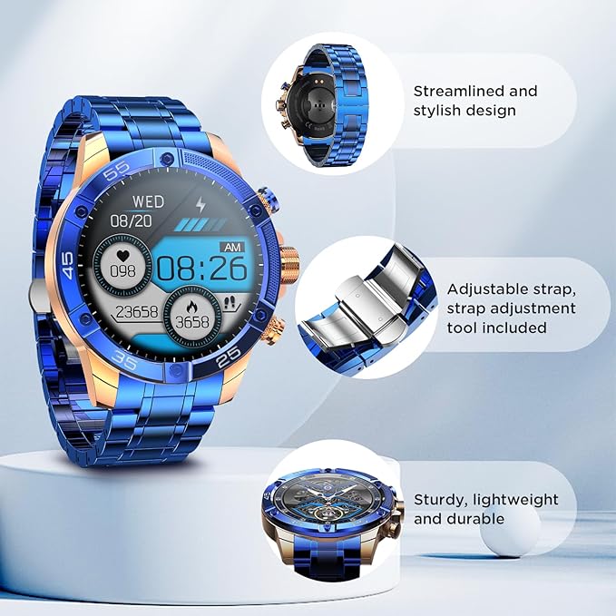 Mens Smart Watch 1.53" Fitness Tracker w/Heart Rate & Sleep Monitor, 7-Day Battery, IP67 Waterproof, Bluetooth Calls/Notifications, 100+ Sports Modes for Men Women (Blue)