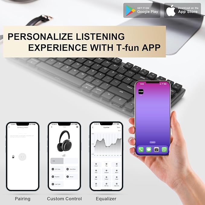 T-fun NC45 Active Noise Cancelling Headphones, Comfortable Wireless Over Ear Headset with Mic, 55H Playtime, Hi-Res Audio, Deep Bass, Low Latency, Bluetooth 5.3 ANC Headphones for Travel Home