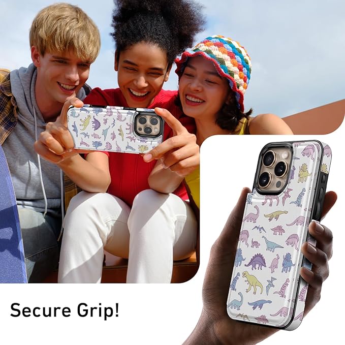 FUNMIKO for iPhone 16 Pro Wallet Case with Card Holder, RFID-Blocking, Military-Grade Protection & UV-Printed Artwork, Magnetic Closure with Leather Kickstand - Vibrantly Cute Dinosaur