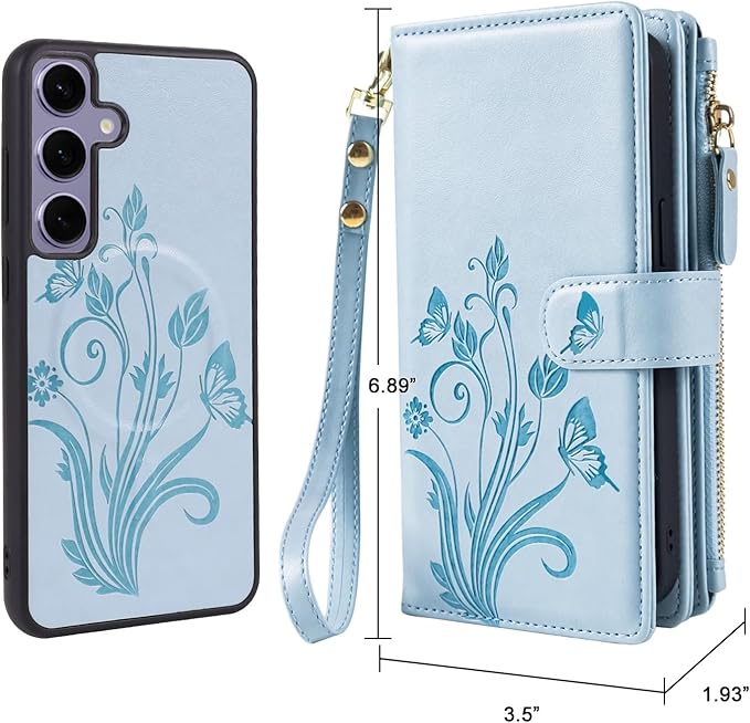 Lacass for Samsung Galaxy S24 FE S24FE Case Wallet,Compatible with MagSafe 2 in 1 Magnetic Detachable PU Leather RFID Blocking Wallet Cover Card Holder Zipper Wrist Strap Lanyard,Floral Sky Blue