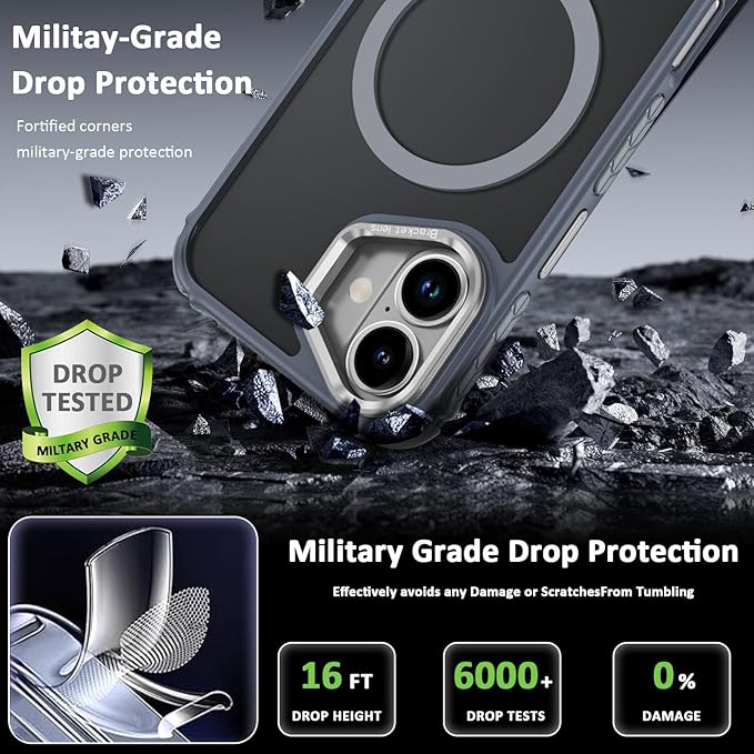 for iPhone 16 Case with Camera Stand，[Compatible with MagSafe] Heavy Duty Rugged Magnetic Case for iPhone 16，Grey ﻿