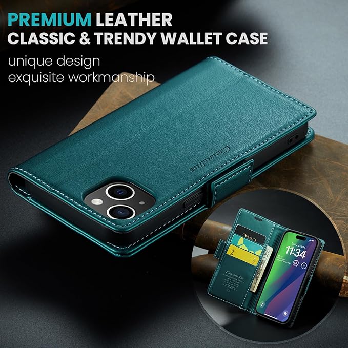 for iPhone 15 Case, Premium PU Leather Wallet Case Flip Cover with [RFID Blocking][Card Holder][Stand Function] Shockproof Protective for iPhone 15 Case, Blue-Green