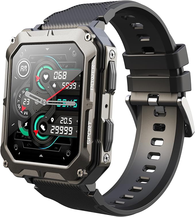 Gravity C20 Pro 1.83" Rugged Smartwatch, IP68 Waterproof, Bluetooth Call, AI Voice, 100+ Sports Modes, Heart Rate & Sleep Monitoring, Shockproof, Fitness Tracker for iOS & Android (Black)