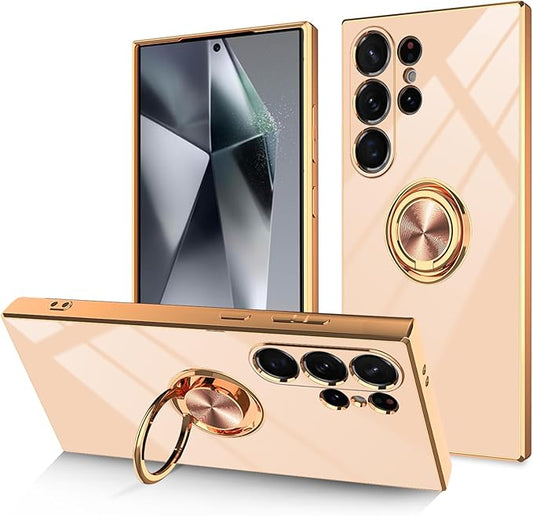 Dinick Pink for Samsung Galaxy S24 Ultra Case with Ring Holder Kickstand [with Magnetic] Soft TPU Bumper, Glitter Gold Electroplated Cover Slim Thin Protective Phone Case for Galaxy S24 Ultra