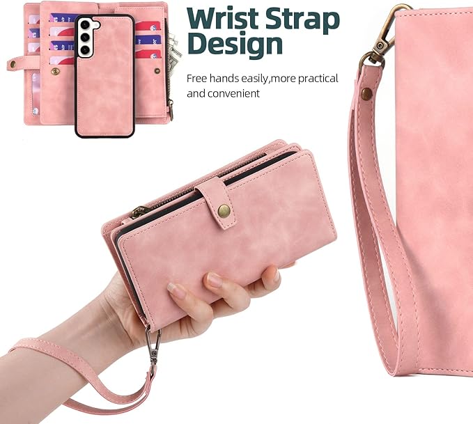 TwoHead for Samsung Galaxy S23 Wallet Case with Card Holder & Detachable Magnetic Phone Case for S23 6.1 inch,PU Leather Shockproof Protective Phone Case Wallet with Wrist Strap(Dream Pink)