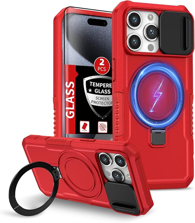 for iPhone 15 Pro Case Magnetic Compatible with MagSafe Wireless Charging,with 2 Screen Protector,Built-in Kickstand Ring,with Camera Cover Anti-Scratch Shockproof Heavy Duty Protection Red