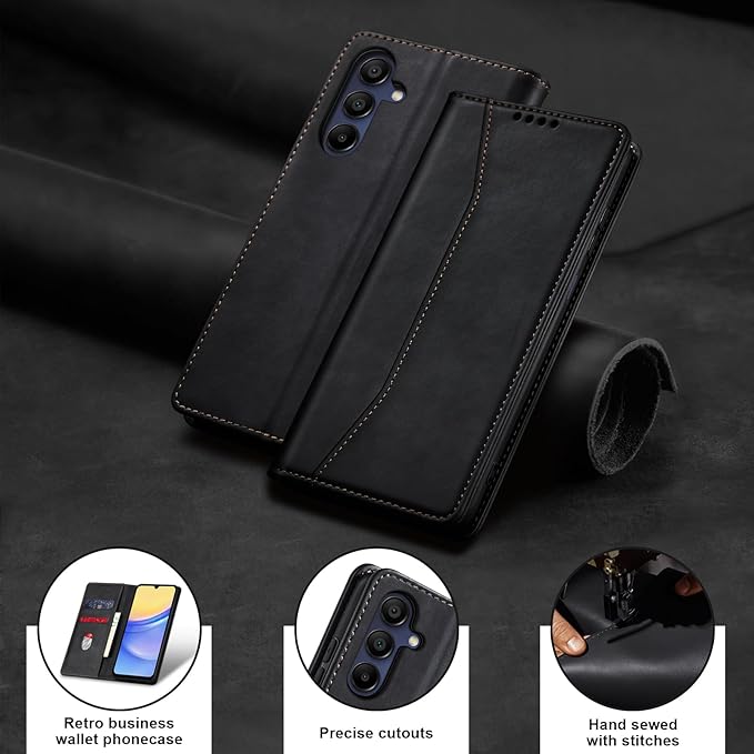 Jasonyu Flip Wallet Case for Samsung Galaxy A15 5G,Leather Magnetic Folio Cover with Card Holder,Kickstand - TPU Shockproof Durable Protective Phone Case,Black