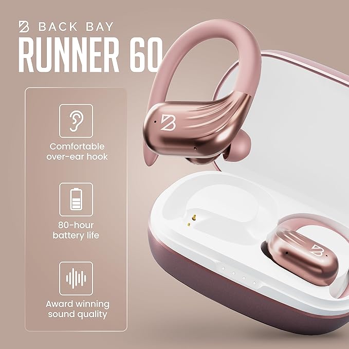 Rose Gold Wireless Running Earbuds for Women. Pink Bluetooth Sport Earbuds for Running, 80 Hour Long Battery Life Over the Ear with EarHooks, Wrap Around Ear buds with Microphone, Earphones