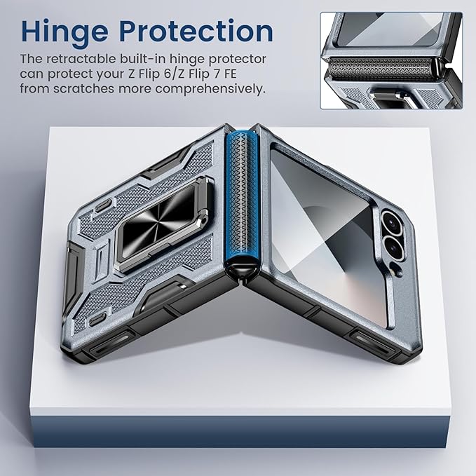 VEGO for Z Flip 6 Case, Samsung Galaxy Flip 6 Case with 360° Rotatable Ring Kickstand & Belt Clip Holster & 9H HD Tempered Glass Camera Screen Protector & Hinge Protection, Shockproof Case - Grey