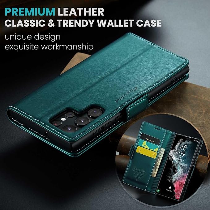 Case for Samsung Galaxy S22 Ultra Wallet Case, RFID Blocking PU Leather Flip Folio Cover Card Holder Kickstand Shockproof Phone Case Compatible with Samsung Galaxy S22 Ultra, Blue Green