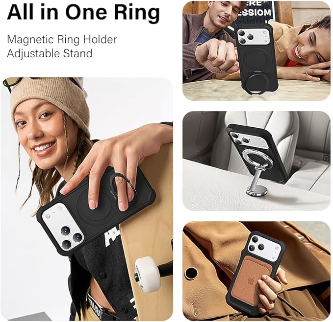Designed for iPhone 17 Pro Max Case with Magnetic Stand [Military Drop Protection][Compatible with Magnet] Shockproof 17 Pro Max Phone Case with Ring Holder, Black