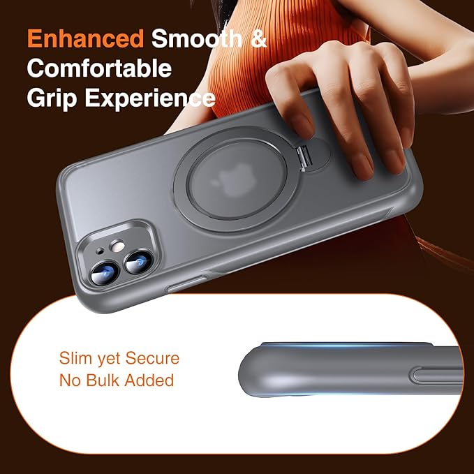 360° O-Ring MagStander for iPhone 11 Case with Magnetic Kickstand Ring Holder [Compatible with MagSafe][360°Rotate Stand Ring][Military Shockproof] Magnet iPhone 11 Phone Cover Matte Grey