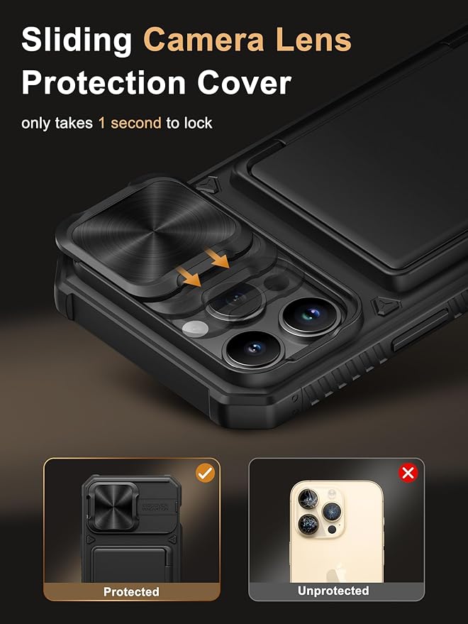 Vihibii for iPhone 14 Pro Max Case with Crossbody Lanyard Strap, Build-in Card Holder (4 Cards) [RFID Blocking] & Slide Camera Cover, Military Grade Drop Protection, Hard Back & Soft Edge Case, Black