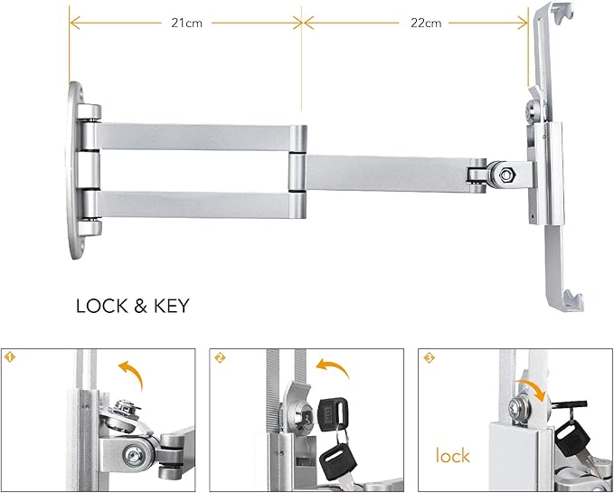 Tablet Wall Mount Holder with fold,Extend Adjustable Arm Swivel &Anti Theft Security Lock &Key, Multi Angle,Bracket for Most 7 to10.8 Inch,for iPad 10.9&11,Galaxy tab,& More(Silver)