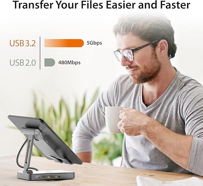 j5create Adjustable Tablet Stand with USB Type C Docking Station for iPad Pro/Air/mini : 4K60 HDMI, 2 x USB-A 5Gbps, 100W PD Charging, microSD/SD Card Reader, 3.5mm Audio Jack (JTS224)