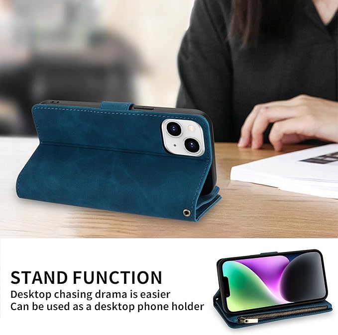 ZZXX for iPhone 14 Case Wallet with [RFID Blocking] Card Slot Premium Soft PU Leather Zipper Flip Folio with Wrist Strap Kickstand Protective Phone Cover for iPhone 14 Wallet Case(Blue-6.1 inch)