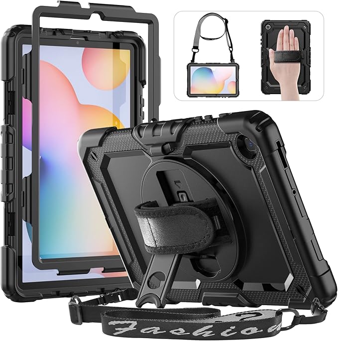 HXCASEAC Case for Samsung Galaxy Tab S6 Lite 10.4 inch, Protective with Screen Protector/Hand Strap/S Pen Holder, Shockproof S6 Lite Tablet Case 2024/2022/2020 SM-P610 SM-P613 SM-P620 - Black