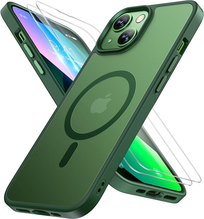 Miracase Magnetic for iPhone 13 Case 6.1 inch (Compatible with MagSafe)（with 2X Screen Protectors） Military-Grade Protection, Anti-Fingerprint Translucent Matte Phone Case Cover, Dark Green