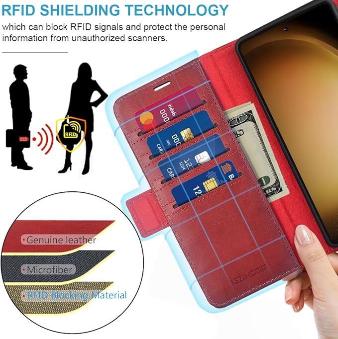 KEZiHOME for Samsung Galaxy S24+ Plus 5G Case, Galaxy S24 Plus Wallet Case, Genuine Leather Flip Cover Stand RFID Blocking Card Holder Magnetic Compatible with Samsung S24 Plus 5G (2024) (Red/Brown)