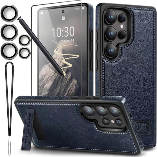 for Galaxy S25 Ultra Leather Case, Built-in Foldable Alloy Stand, with Camera Lens and Screen Protector, Slim Shockproof Kickstand Phone Cover 2025 (Blue)