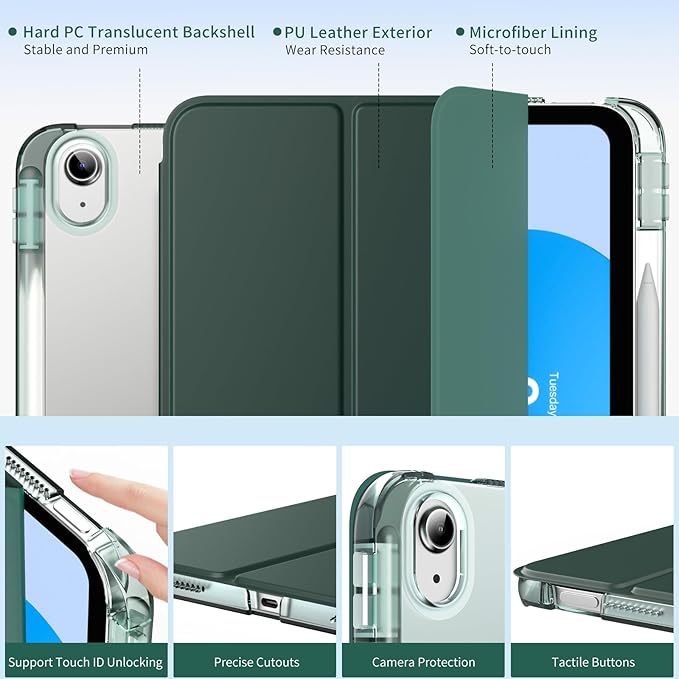 MoKo for iPad 11-inch (A16) 11th Generation Case 2025, iPad 10th Generation Case 2022 with Pencil Holder, Slim Lightweight Trifold iPad11 inch Cover with Rugged PC Translucent Back Shell,MidnightGreen