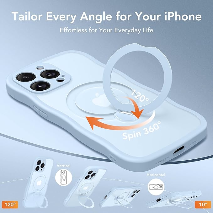 GolbinBox for iPhone 15 Pro Case,[Compatible with Magsafe][360°Magnetic Stand][Cute Wave Edge][18ft Military-Grade Protection] Translucent Matte Phone Women Case for iPhone 15 Pro, Baby Blue