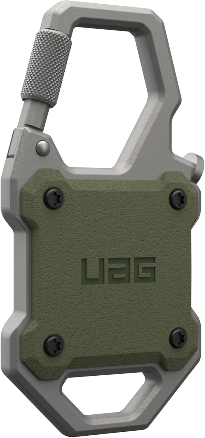 URBAN ARMOR GEAR UAG Designed for AirTag Case with Built-in Bottle Opener Monarch - Hard Shell Lock Case AirTag Holder with Durable Locking Carabiner for Keys, Luggage & Bags, Olive Drab/Silver