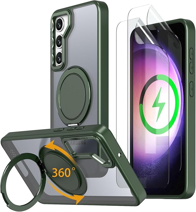 Magnetic Stand Case for Samsung Galaxy S24/S25 6.2" [with 2 Screen Protectors] [360° Rotation Magnetic Stand] [Compatible with Magsafe] Military-Grade Drop Protection Case, Green
