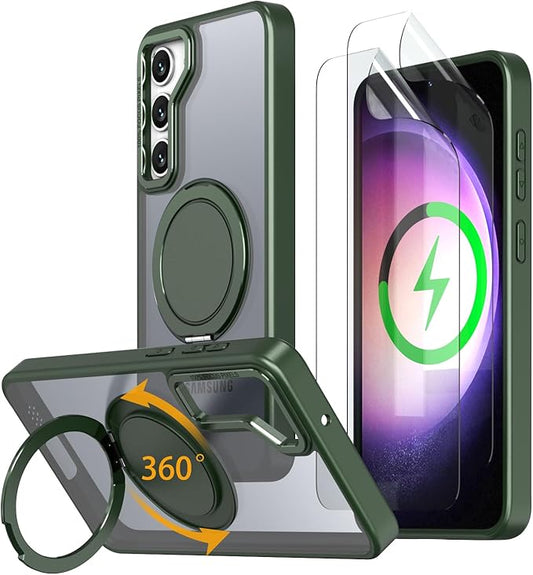 Magnetic Stand Case for Samsung Galaxy S24/S25 6.2" [with 2 Screen Protectors] [360° Rotation Magnetic Stand] [Compatible with Magsafe] Military-Grade Drop Protection Case, Green
