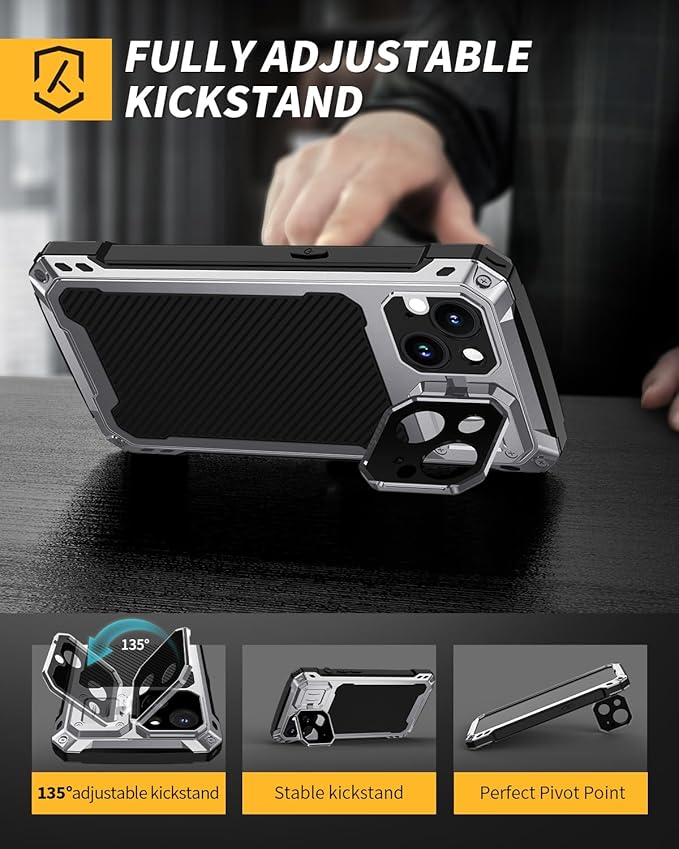 Lanhiem Magnetic for iPhone 14 Metal Case, [Built-in Camera Kickstand & Glass Screen Protector] Heavy Duty Shockproof Full Body Rugged Protective Magsafe Cover for iPhone 14 6.1" (Silver)