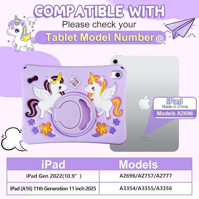HianDier for iPad A16 Case 11th 2025 iPad 10th Generation Case for Kids Cute Unicorn Silicone Tablet Cover with Detachable Strap and Rotatable Stand Shockproof Cover for iPad 11inch 10.9inch-Purple