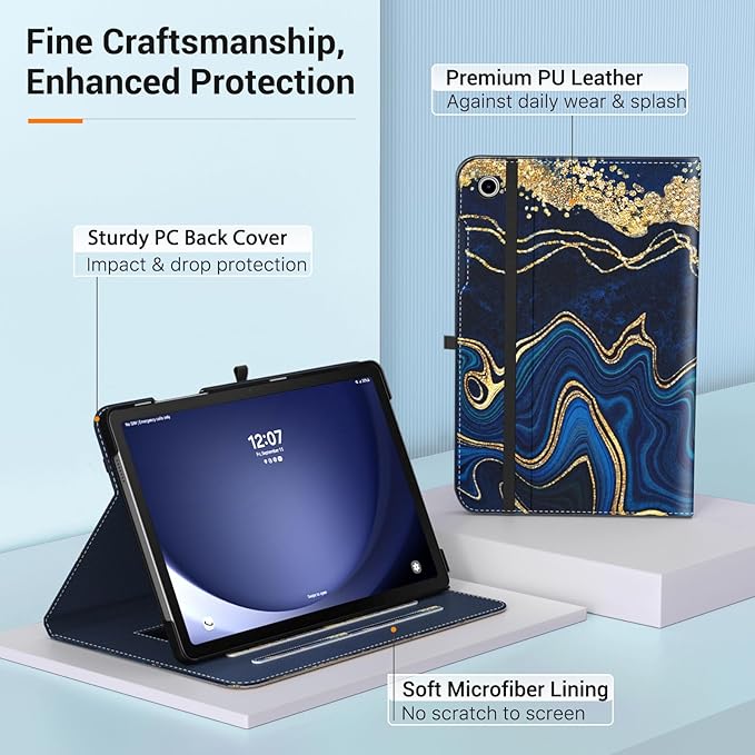 MoKo Case for Samsung Galaxy Tab A9 Plus 11" 2023 (SM-X210/SM-X216/SM-X218), PU Leather Multi-Angle Viewing Folding Stand Cover Case with Hand Strap, Front Pocket, Auto Wake/Sleep, Marble Blue