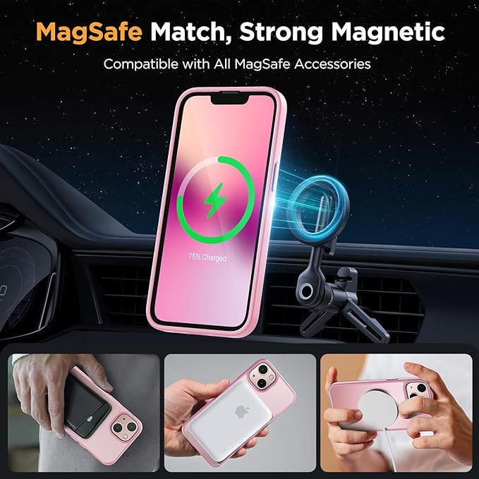 Miracase Magnetic for iPhone 13 Case 6.1 inch (Compatible with MagSafe)（with 2X Screen Protectors） Military-Grade Protection, Anti-Fingerprint Translucent Matte Phone Case Cover, Mes Pink