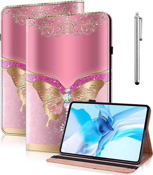 Case for Lenovo Yoga Tab Plus Tablet 12.7 Inch 2025, Multi-Angle Viewing Premium PU Leather Stand Case with Elastic Strap & Card Slots for Lenovo Yoga Tab Plus 12.7" Tablet-Pink Butterfly