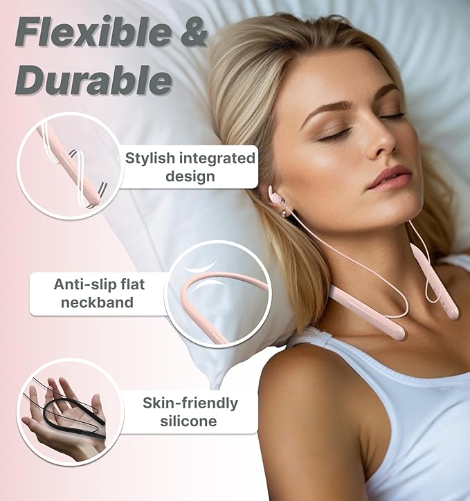 Hmusic HS88 Sleep Earbuds for Side Sleepers,Neckband Bluetooth Sleeping Headphones,-30dB Noise Isolate,Flat Thin Soft Silicone Earplug,12H Playtime w/Timer, for Yoga,Read,Air Travel,Audio Book