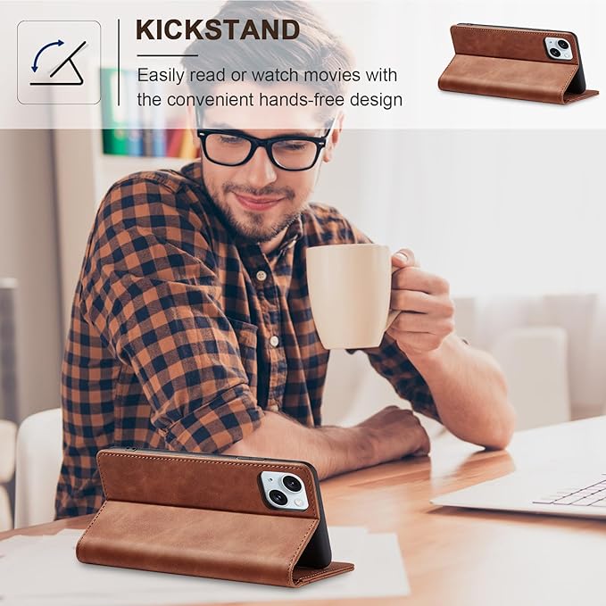 Jasonyu Flip Wallet Case for iPhone 15,Leather Magnetic Folio Cover with Card Holder,Kickstand - TPU Shockproof Durable Protective Phone Case,Brown