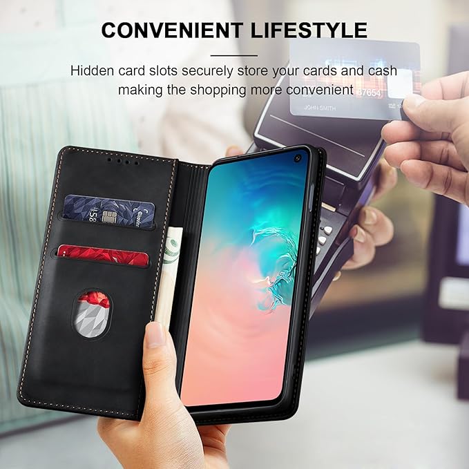 Jasonyu Flip Wallet Case for Samsung Galaxy S10e,Leather Magnetic Folio Cover with Card Holder,Kickstand - TPU Shockproof Durable Protective Phone Case,Black