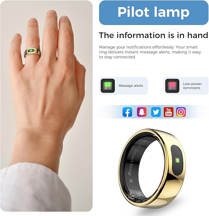 Smart Ring with Instant Notification Alerts & Gesture Control - Sleep Tracker Ring, Fitness Ring for Steps & Heart Rate, IP68 Waterproof (Gold, 11)