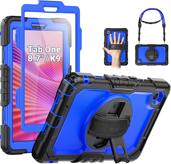 SEYMAC Case for Lenovo Tab One 8.7 inch/ K9 TB305FU (2025), Heavy Duty Full-Body Shockproof Protective Case with Screen Protector, Stand, Hand/Shoulder Strap and Pen Holder, Dark Blue