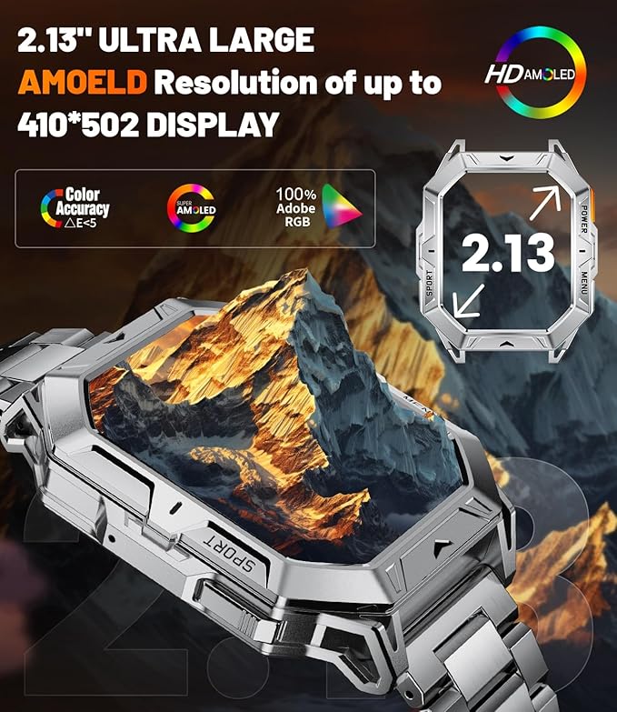 LIGE Military Smart Watches for Men(Answer/Make Calls),100-Day Battery Life,2.13" AMOLED Outdoor Sports Smartwatch with Compass,Heart Rate/Sleep Monitor Fitness Tracker for Android iOS,Sliver