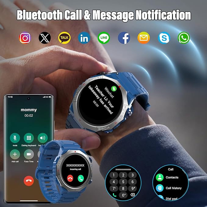 Military Smart Watches for Men(Answer/Make Calls), 1.39" HD Fitness Watch, 24/7 Heart Rate Sleep Monitor, Smart Watch for Men 110+ Sport Modes, 30Day, IP68 Waterproof Smartwatch for Android iOS, Blue